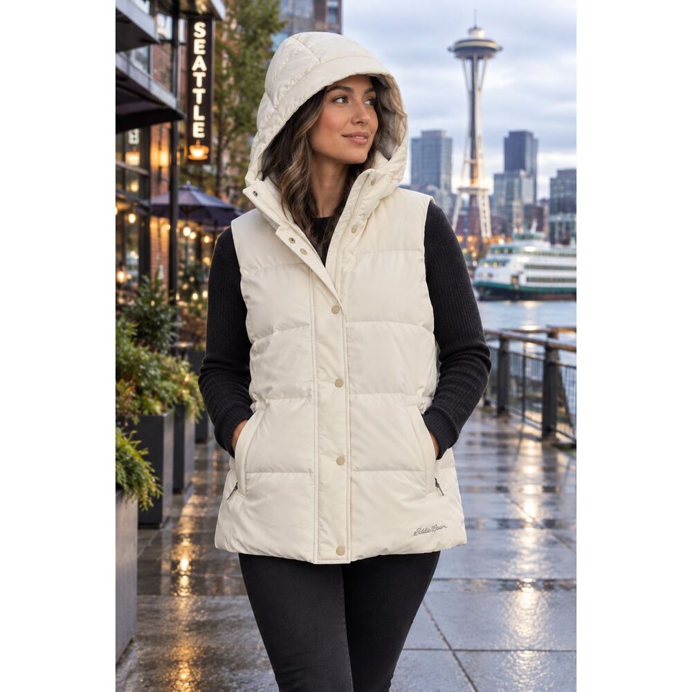 NWT Eddie Bauer Hooded Down Puffer Vest Ivory Cream Women's M 650 Fill